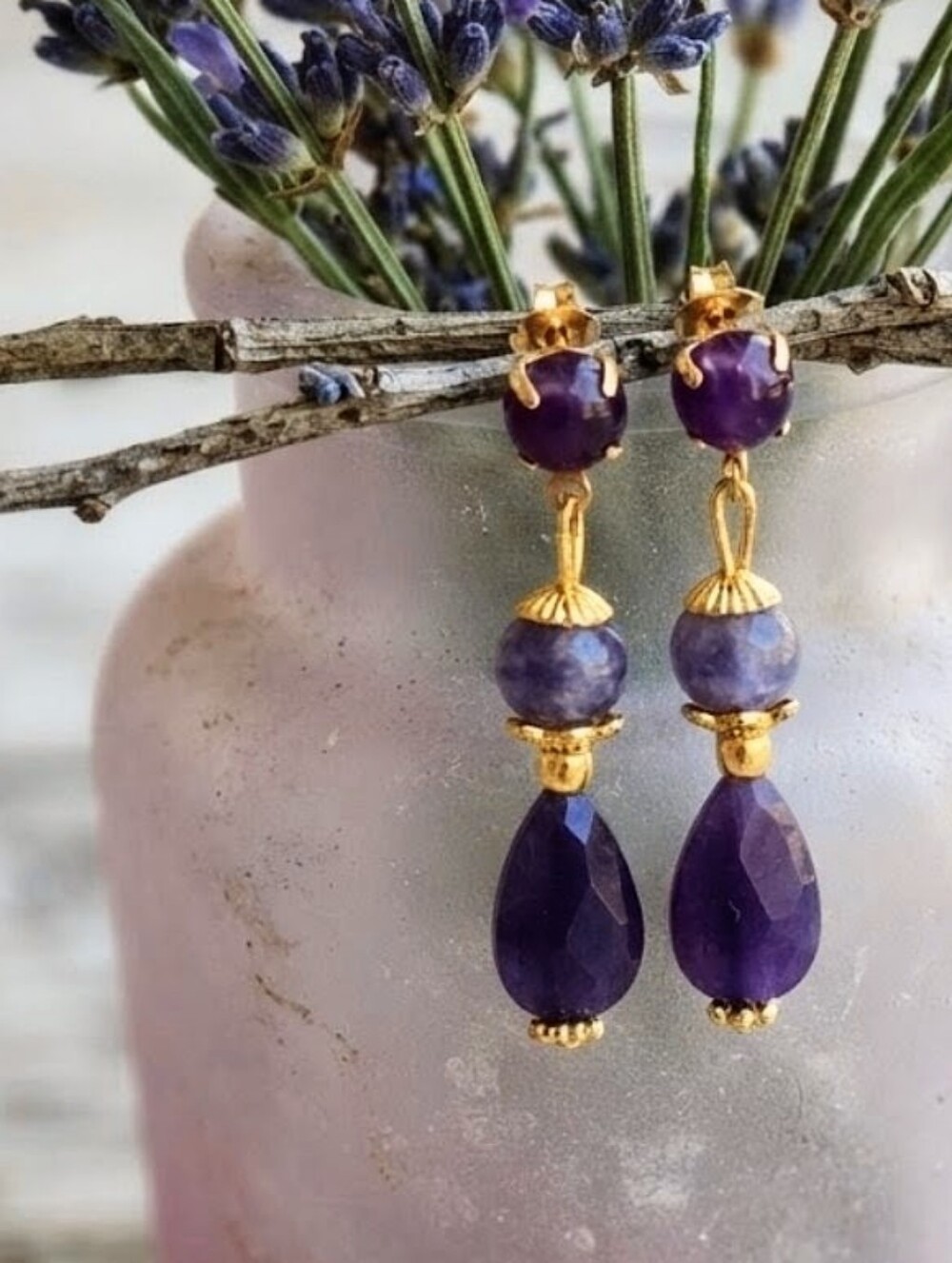 Genuine Deep Purple Jade Stones In Three Tiered Dainty Gold Plated Earrings